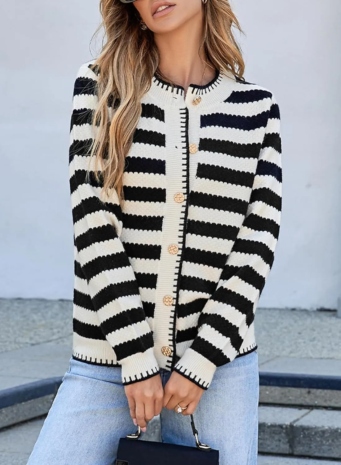 Sidefeel Women's Cardigan Sweaters Striped Open Front Button Down Knitted Coat Cropped Fall Fashion Outwear