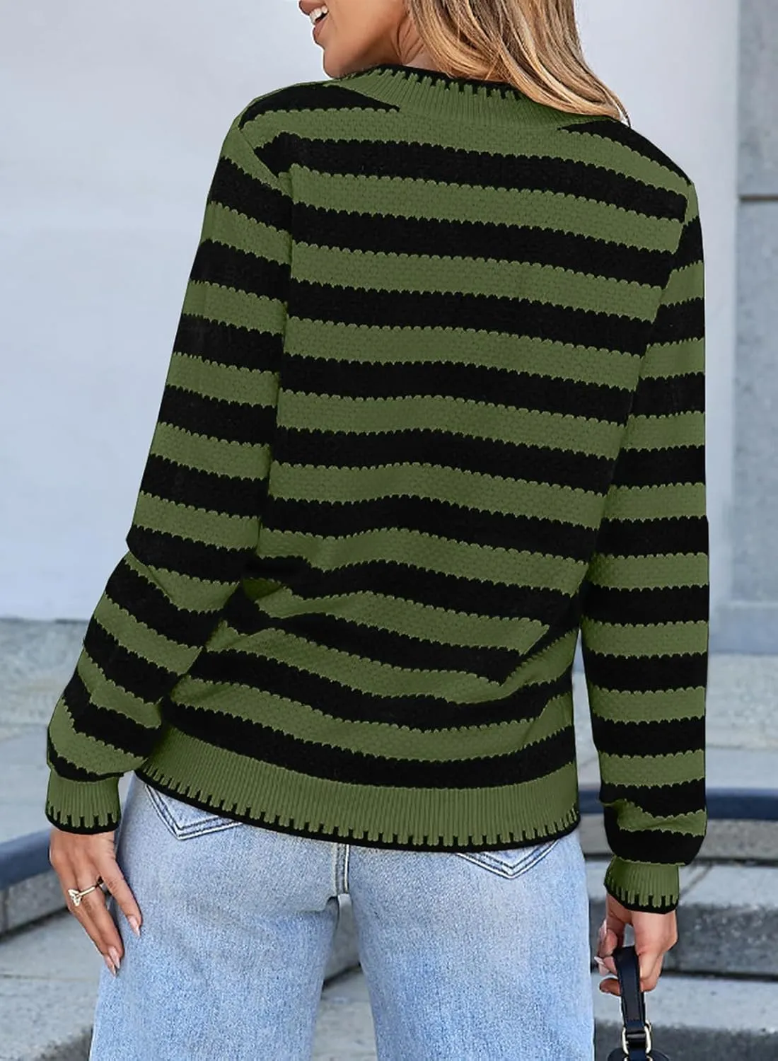 Sidefeel Women's Cardigan Sweaters Striped Open Front Button Down Knitted Coat Cropped Fall Fashion Outwear