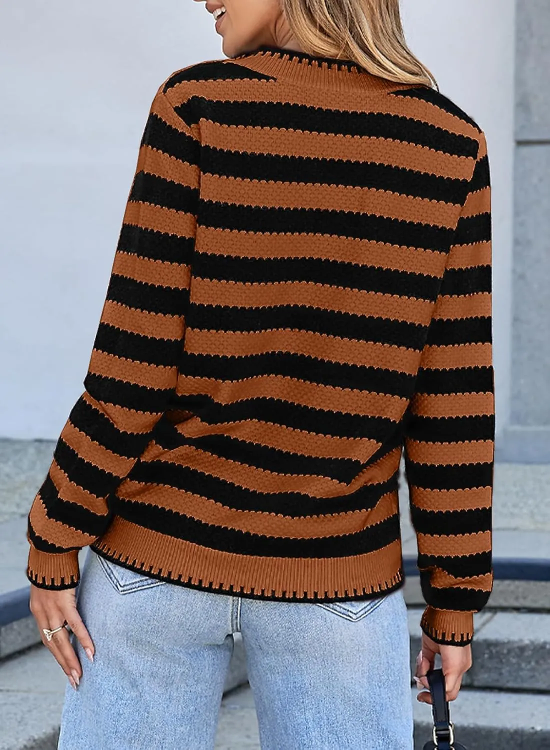 Sidefeel Women's Cardigan Sweaters Striped Open Front Button Down Knitted Coat Cropped Fall Fashion Outwear