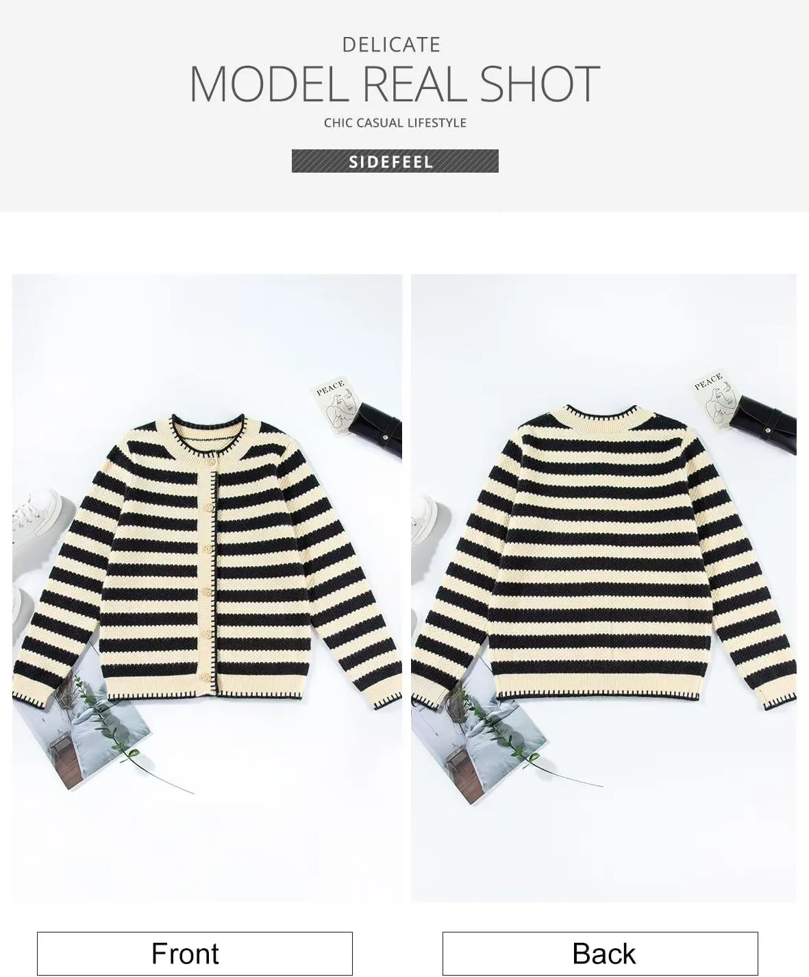 Sidefeel Women's Cardigan Sweaters Striped Open Front Button Down Knitted Coat Cropped Fall Fashion Outwear