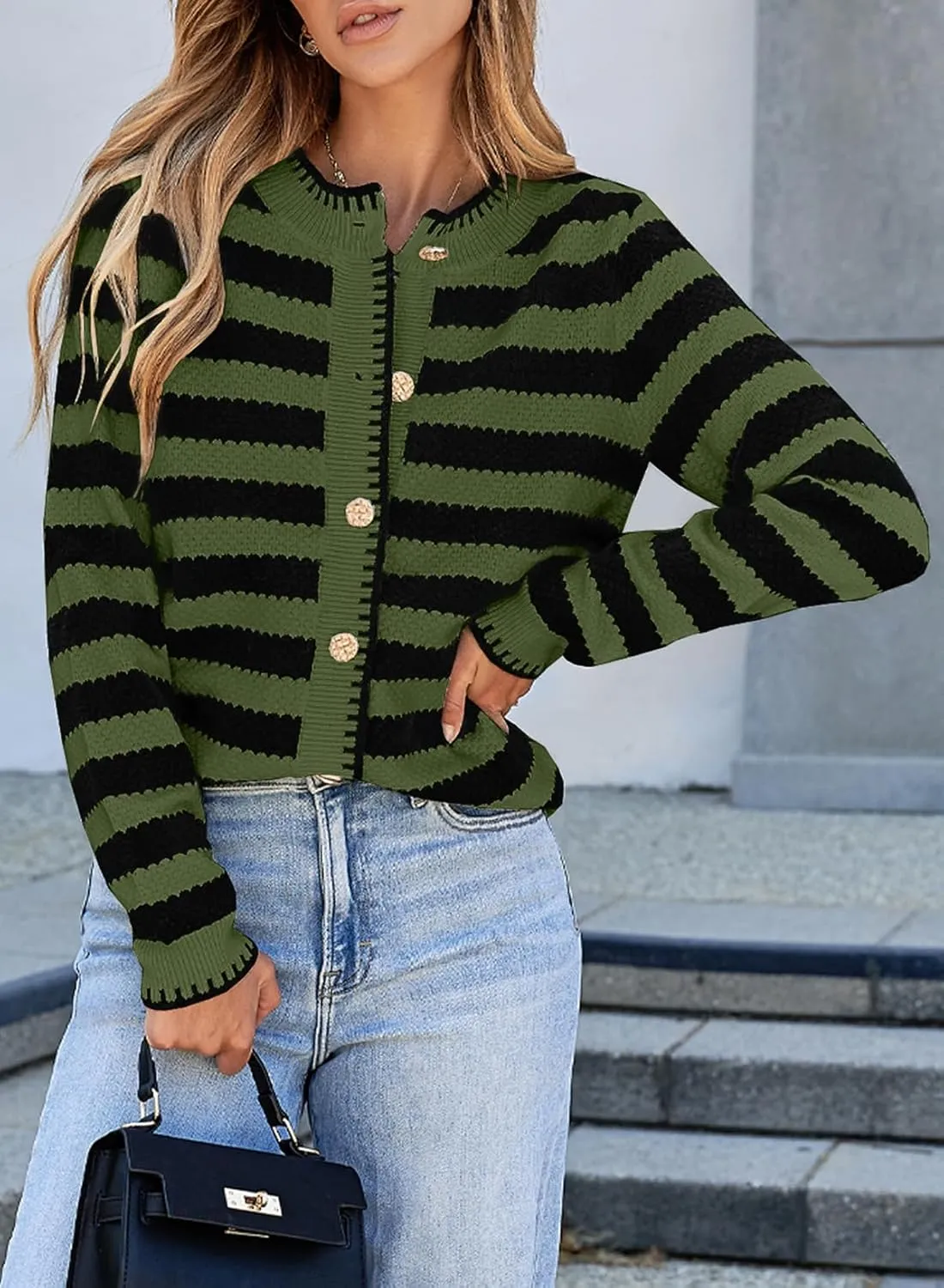 Sidefeel Women's Cardigan Sweaters Striped Open Front Button Down Knitted Coat Cropped Fall Fashion Outwear