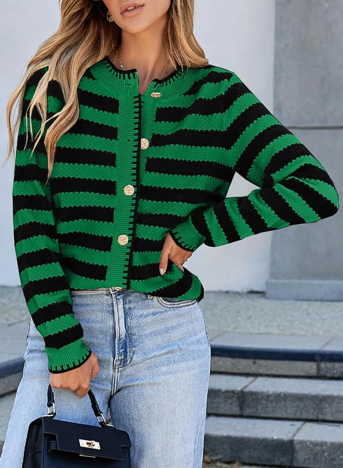 Sidefeel Women's Cardigan Sweaters Striped Open Front Button Down Knitted Coat Cropped Fall Fashion Outwear