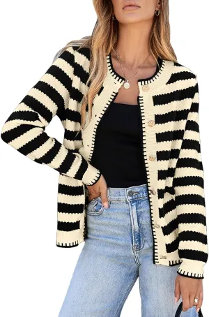 Sidefeel Women's Cardigan Sweaters Striped Open Front Button Down Knitted Coat Cropped Fall Fashion Outwear