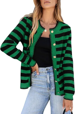 Sidefeel Women's Cardigan Sweaters Striped Open Front Button Down Knitted Coat Cropped Fall Fashion Outwear