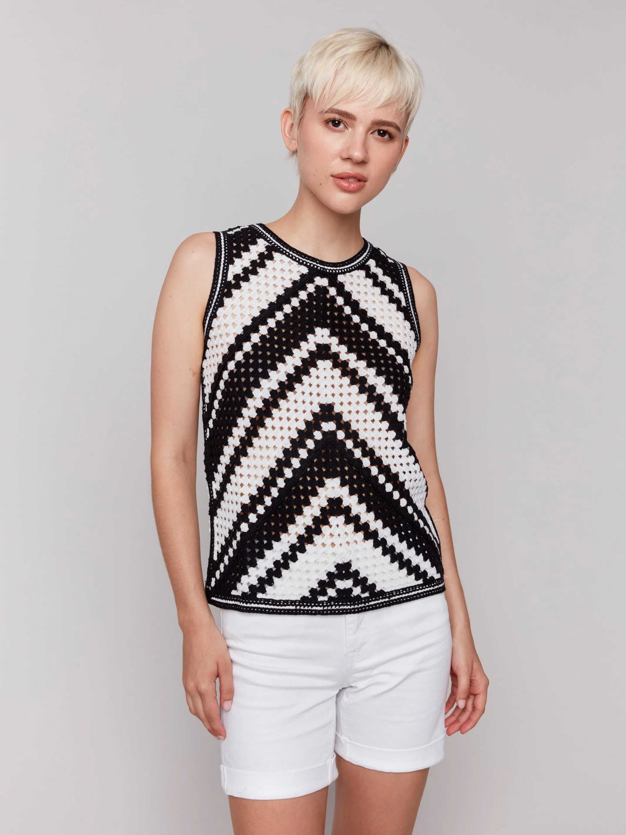 Sleeveless Crochet Crew Neck Top - Pepper