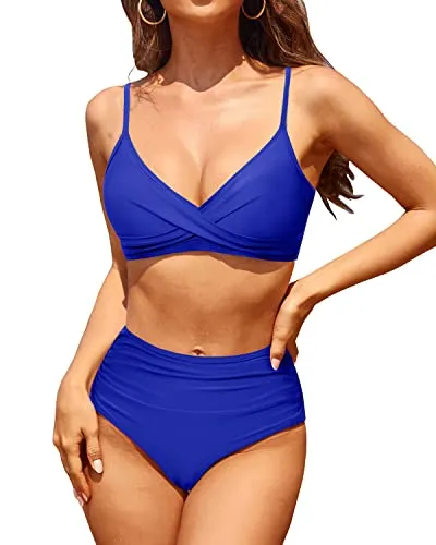 Slimming Two Piece High Waisted Bikini Set With Tummy Control Bathing Suit-Royal Blue