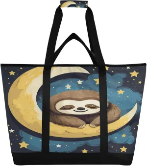 Sloth Moon Tote Bag for Women with Zipper Reusable Grocery Bags Foldable Insulated Cooler Bag Handbags Shopping Bags Totes for Groceries Picnic Travel Beach Work