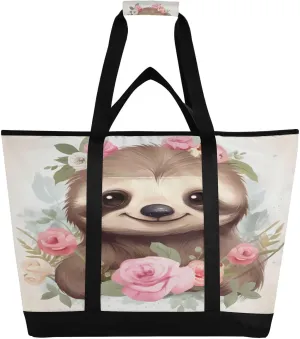 Sloth Tote Bag for Women with Zipper Reusable Grocery Bags Foldable Insulated Cooler Bag Totes Shopping Bags Handbags for Groceries Picnic Travel Work Beach
