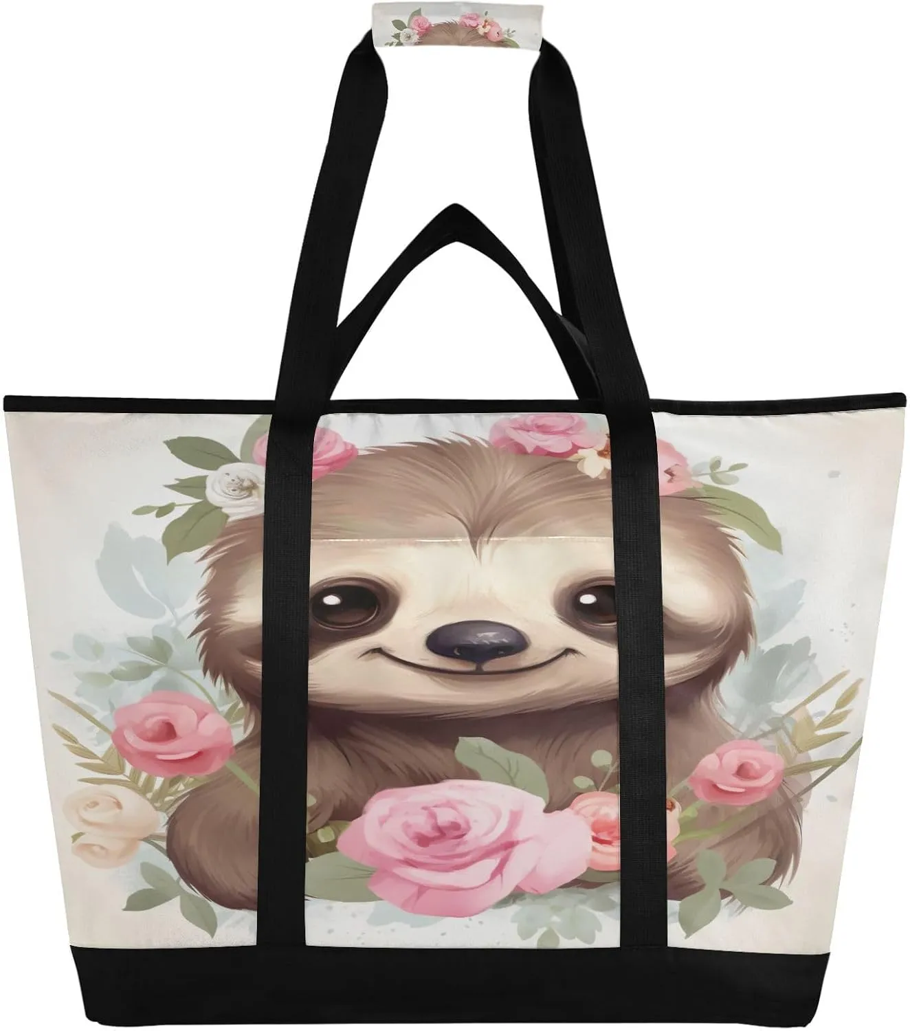 Sloth Tote Bag for Women with Zipper Reusable Grocery Bags Foldable Insulated Cooler Bag Totes Shopping Bags Handbags for Groceries Picnic Travel Work Beach