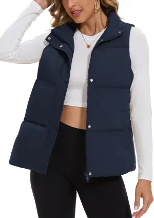 SMENG Women Puffer Vest Zip Up Stand Collar Sleeveless Winter Quilted Padded Vest Winter Down Coat Outwear with Pockets