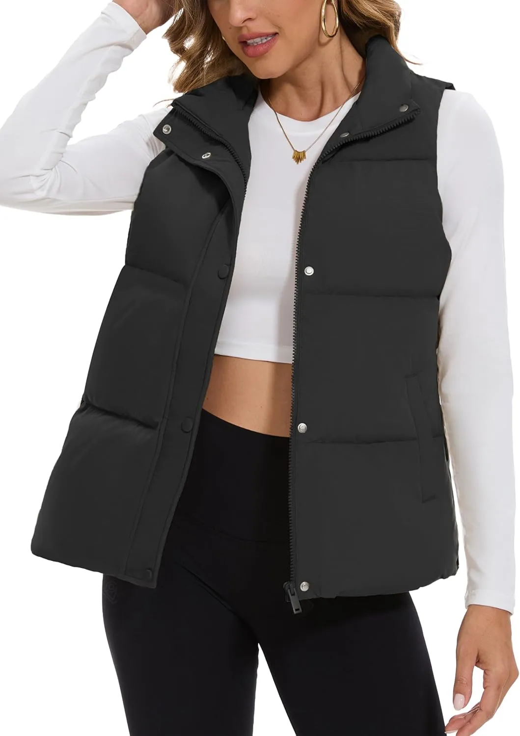 SMENG Women Puffer Vest Zip Up Stand Collar Sleeveless Winter Quilted Padded Vest Winter Down Coat Outwear with Pockets