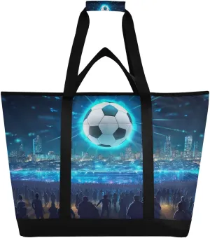 Soccer Ball Tote Bag for Women with Zipper Reusable Grocery Bags Foldable Insulated Cooler Bag Totes Handbags Shopping Bags for Groceries Picnic Travel Work Beach