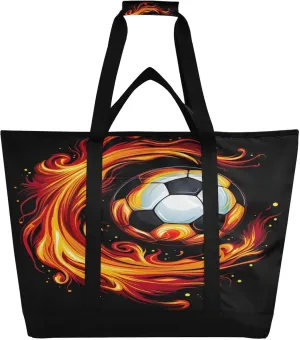 Soccer Ball Tote Bag for Women with Zipper Reusable Grocery Bags Foldable Insulated Cooler Bag Totes Handbags Shopping Bags for Groceries Travel Beach Work Picnic