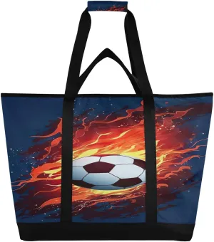 Soccer Balls Tote Bag for Women with Zipper Reusable Grocery Bags Foldable Insulated Cooler Bag Totes Shopping Bags Handbags for Groceries Travel Picnic Beach Work