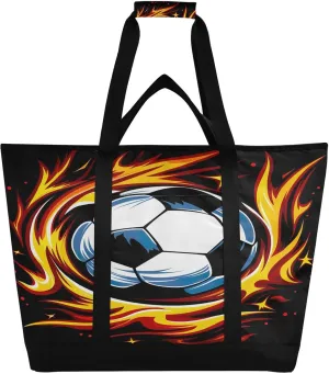 Soccer Fire Tote Bag for Women with Zipper Reusable Grocery Bags Foldable Insulated Cooler Bag Handbags Totes Shopping Bags for Groceries Picnic Beach Travel Work