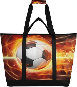 Soccer Fire Tote Bag for Women with Zipper Reusable Grocery Bags Foldable Insulated Cooler Bag Totes Shopping Bags Handbags for Groceries Beach Travel Picnic Work