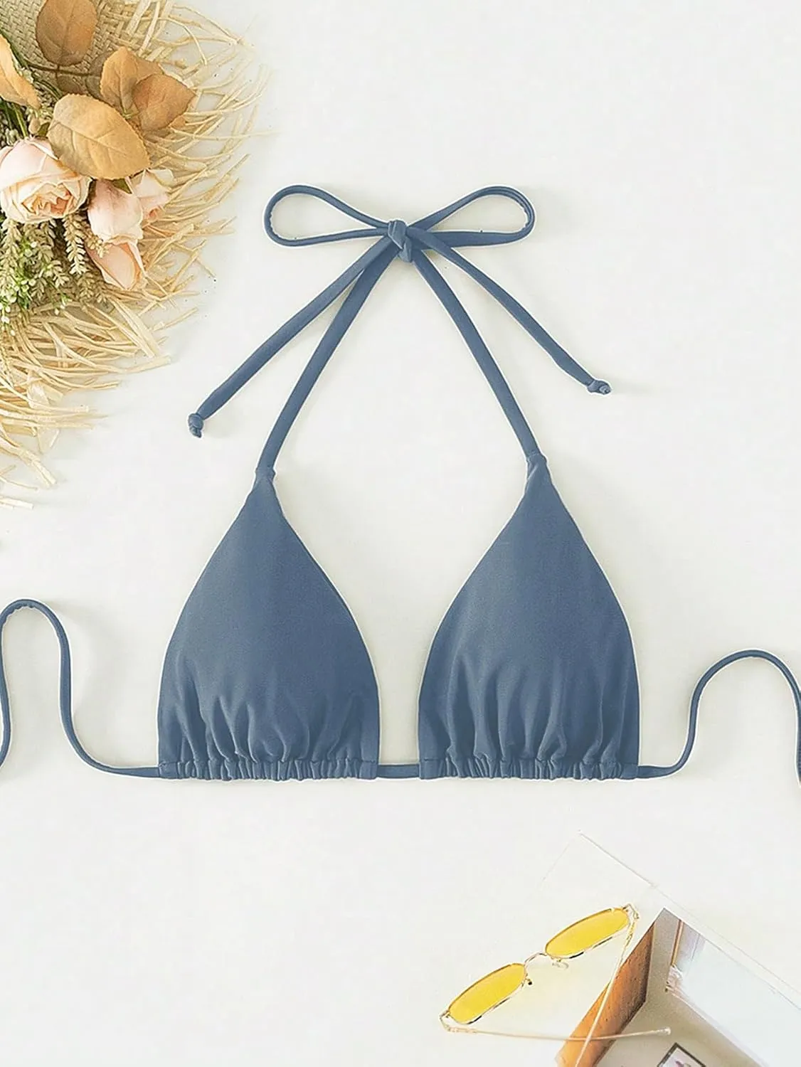 SOLY HUX Women's Halter Triangle Bikini Top Tie Back Bathing Suit Top Sexy Swimwear for Women