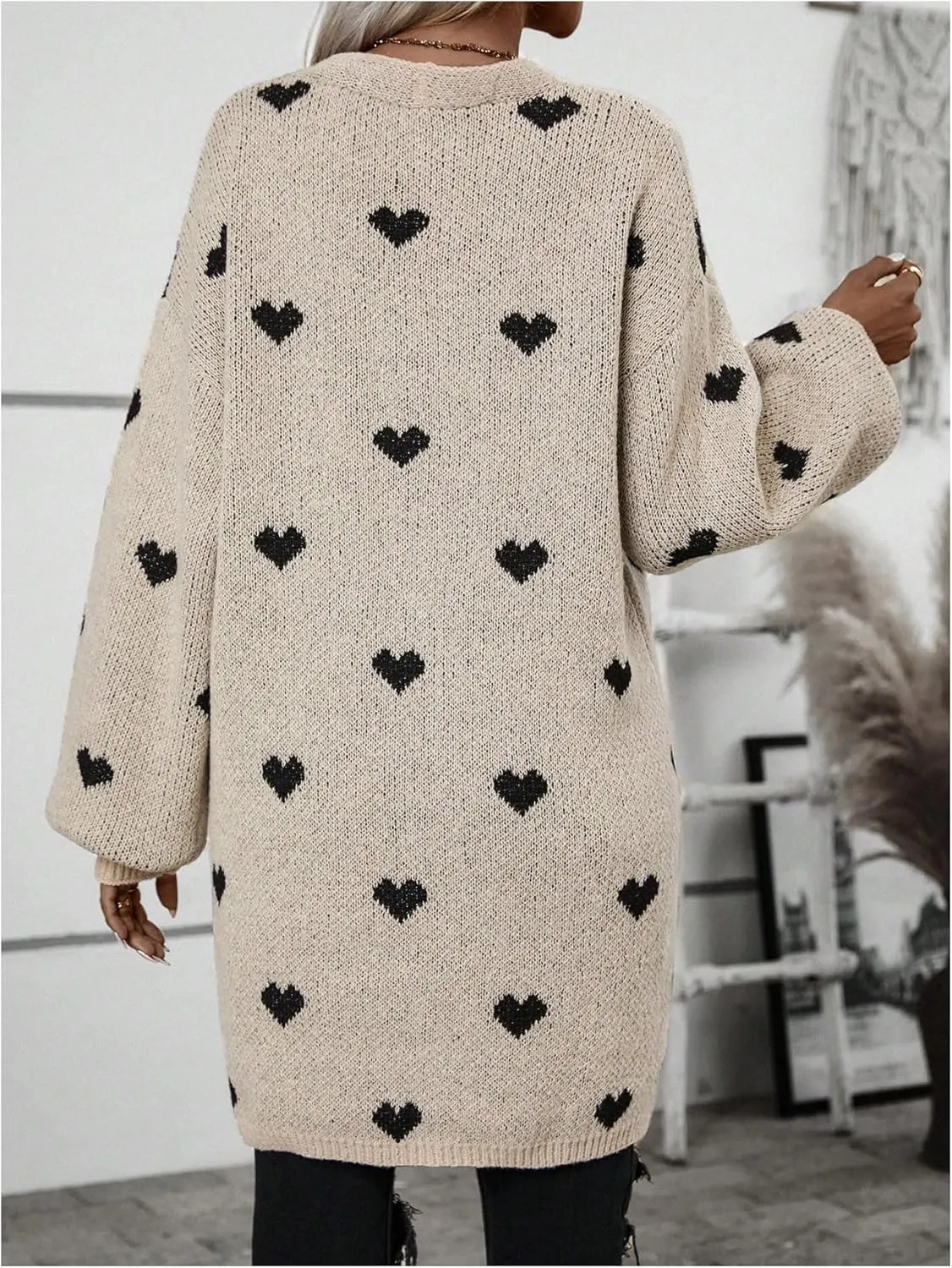 SOLY HUX Women's Long Sleeve Cardigan Sweaters Heart Print Open Front Knit Fall Outerwear Coat