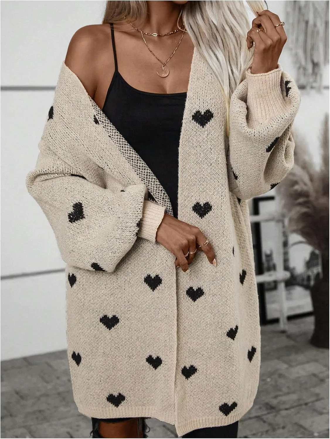 SOLY HUX Women's Long Sleeve Cardigan Sweaters Heart Print Open Front Knit Fall Outerwear Coat
