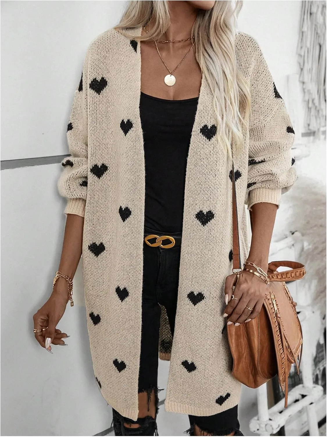 SOLY HUX Women's Long Sleeve Cardigan Sweaters Heart Print Open Front Knit Fall Outerwear Coat