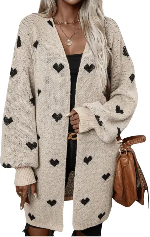 SOLY HUX Women's Long Sleeve Cardigan Sweaters Heart Print Open Front Knit Fall Outerwear Coat