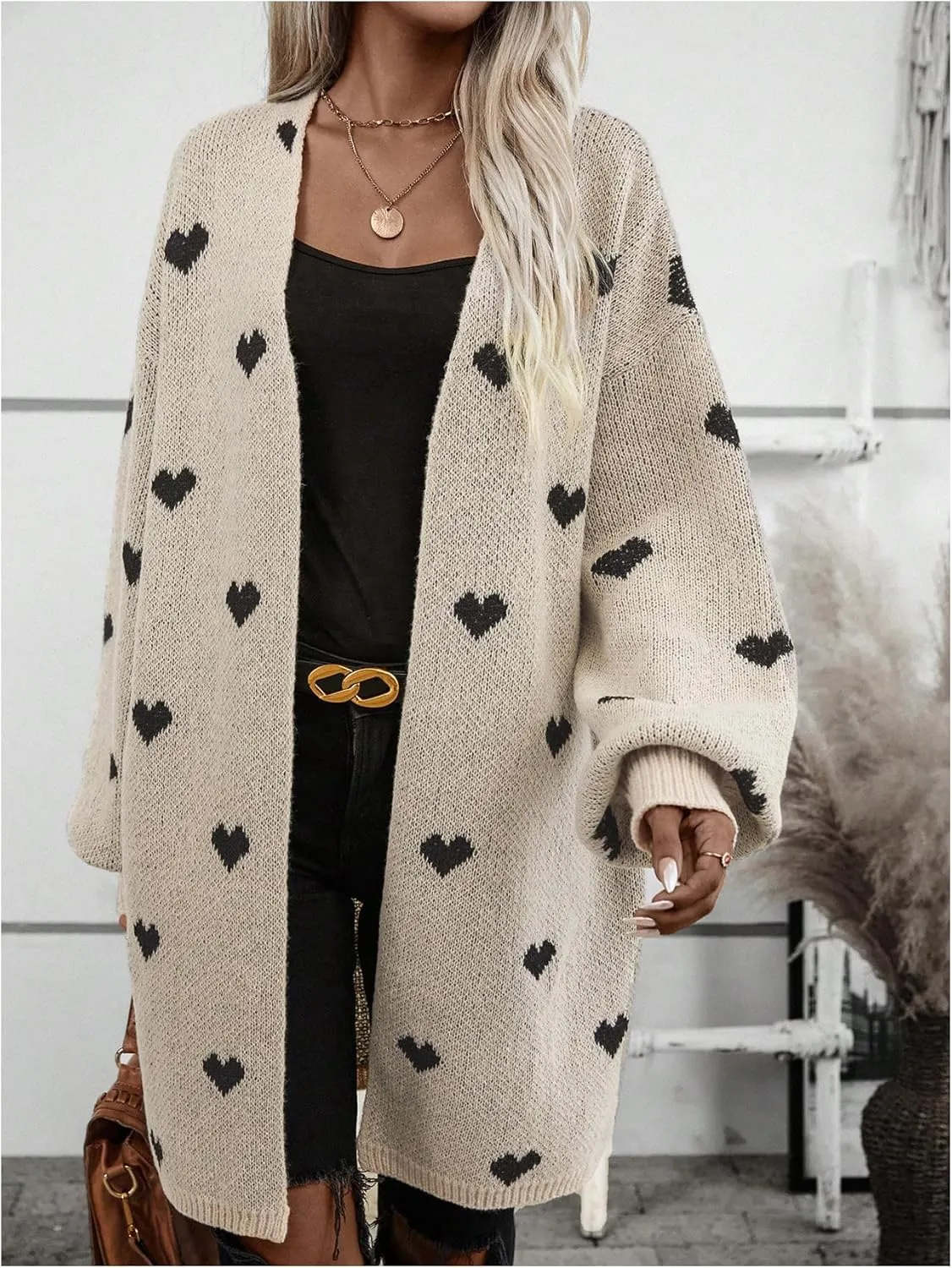 SOLY HUX Women's Long Sleeve Cardigan Sweaters Heart Print Open Front Knit Fall Outerwear Coat