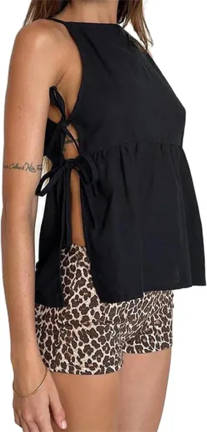 Split Side Crop Top Women Tie Side Tank Top Sleeveless Plaid Floral Print Crewneck Going Out Summer Peplum Shirt