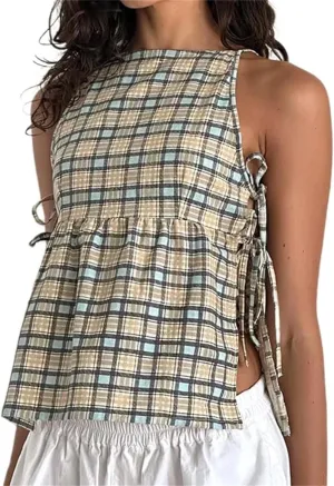 Split Side Crop Top Women Tie Side Tank Top Sleeveless Plaid Floral Print Crewneck Going Out Summer Peplum Shirt