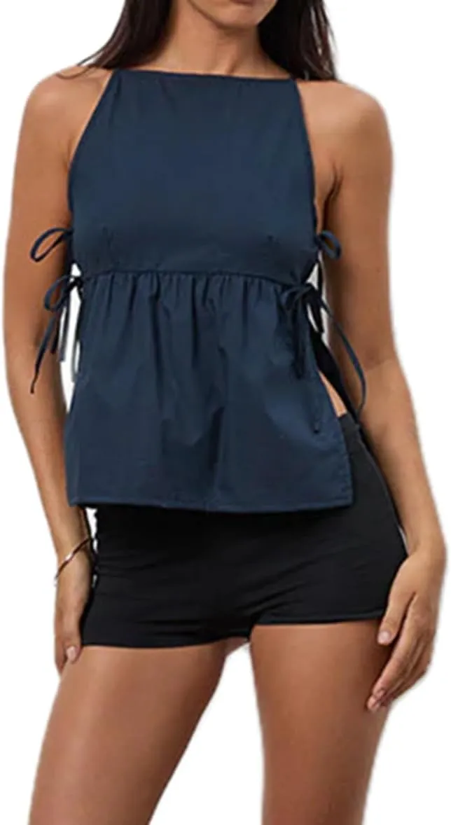 Split Side Crop Top Women Tie Side Tank Top Sleeveless Plaid Floral Print Crewneck Going Out Summer Peplum Shirt
