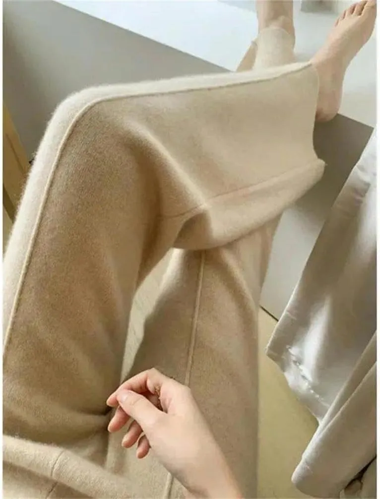 Spring and Autumn Warm Wool Knit Straight Solid Color Casual Stretch Women's Office Work Trousers Draped