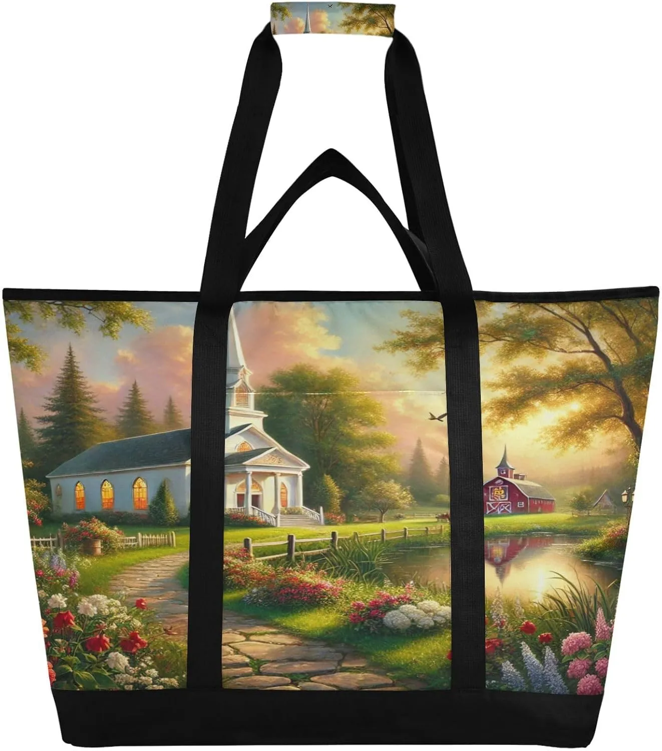 Spring Church Garden Tote Bag for Women with Zipper Reusable Grocery Bags Foldable Insulated Cooler Bag Shopping Bags Handbags Totes for Groceries Work Picnic Travel Beach
