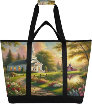 Spring Church Garden Tote Bag for Women with Zipper Reusable Grocery Bags Foldable Insulated Cooler Bag Shopping Bags Handbags Totes for Groceries Work Picnic Travel Beach
