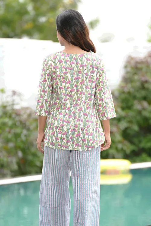 Spring Flamingo Block Printed Night Suit