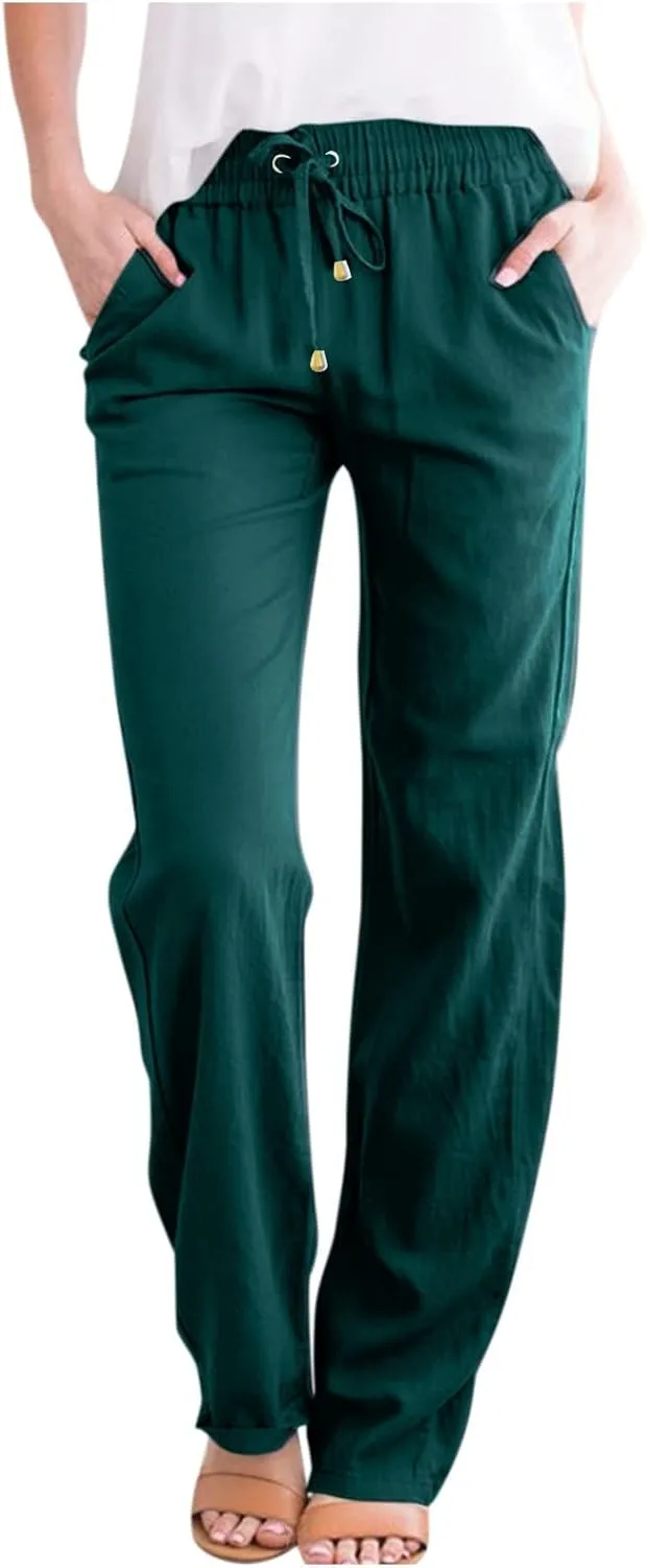 Straight Leg Pants Women Business Casual Linen Drawstring High Waisted Pull On Dress Pants with Pockets Dress Slacks