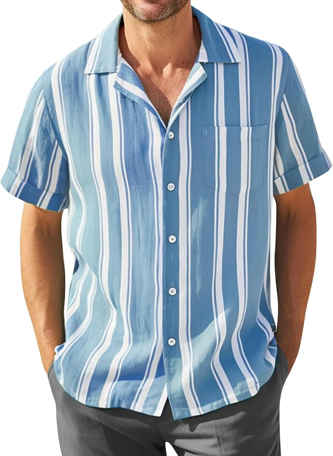 Striped Button Down Shirt for Men Summer Short Sleeve Casual Beach Shirt Retro Style Classic Tshirts Shirt