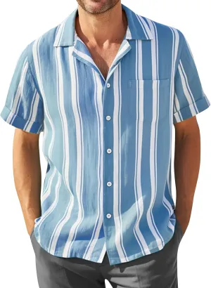 Striped Button Down Shirt for Men Summer Short Sleeve Casual Beach Shirt Retro Style Classic Tshirts Shirt