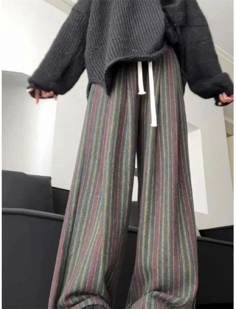 Striped Lazy Style Casual Wide-Leg Pants for Women's Spring and Autumn high Waist mop Pants Elastic Color