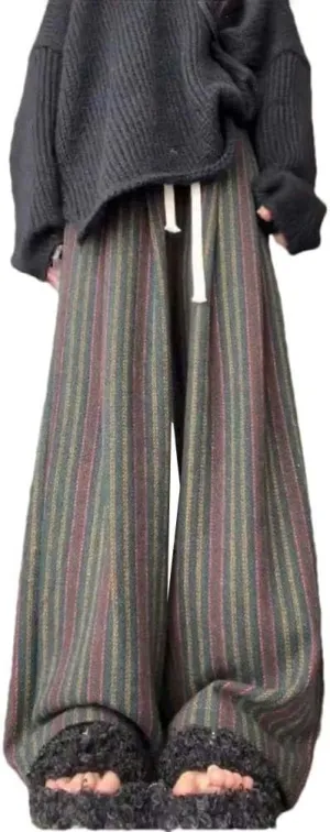 Striped Lazy Style Casual Wide-Leg Pants for Women's Spring and Autumn high Waist mop Pants Elastic Color