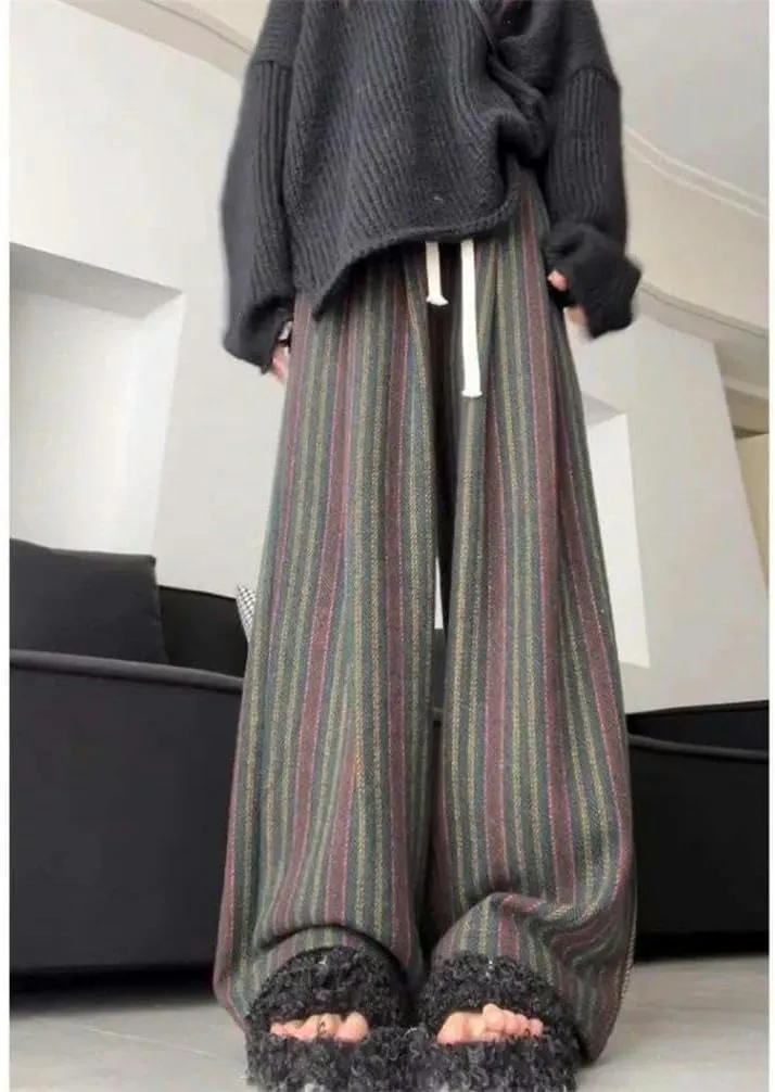 Striped Lazy Style Casual Wide-Leg Pants for Women's Spring and Autumn high Waist mop Pants Elastic Color