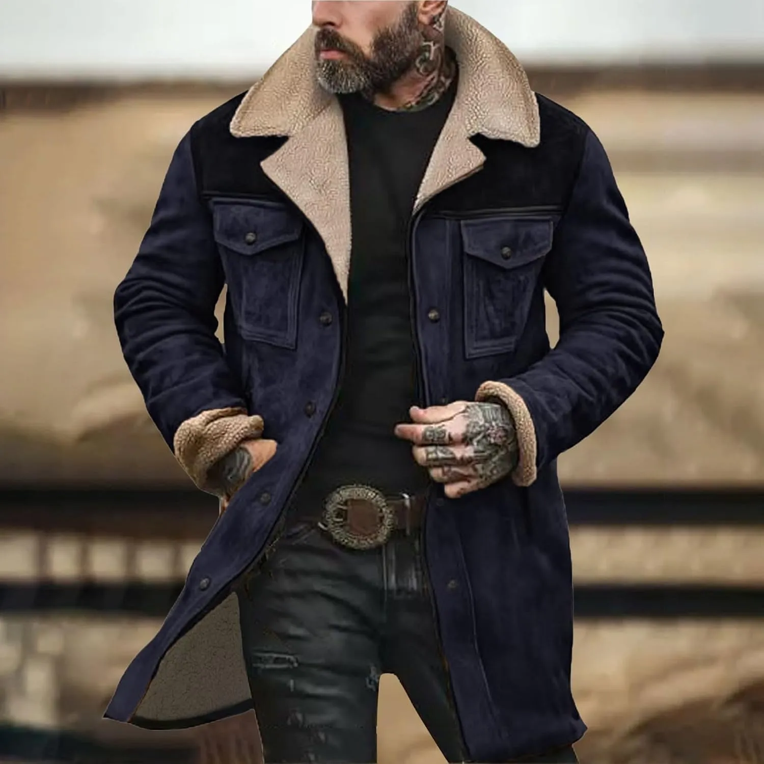 Suede Jacket Men, Men's Vintage Suede Jacket Plush Collar Coats Faux Leather Jacket Men Zip Up Motorcycle Jacket Coat