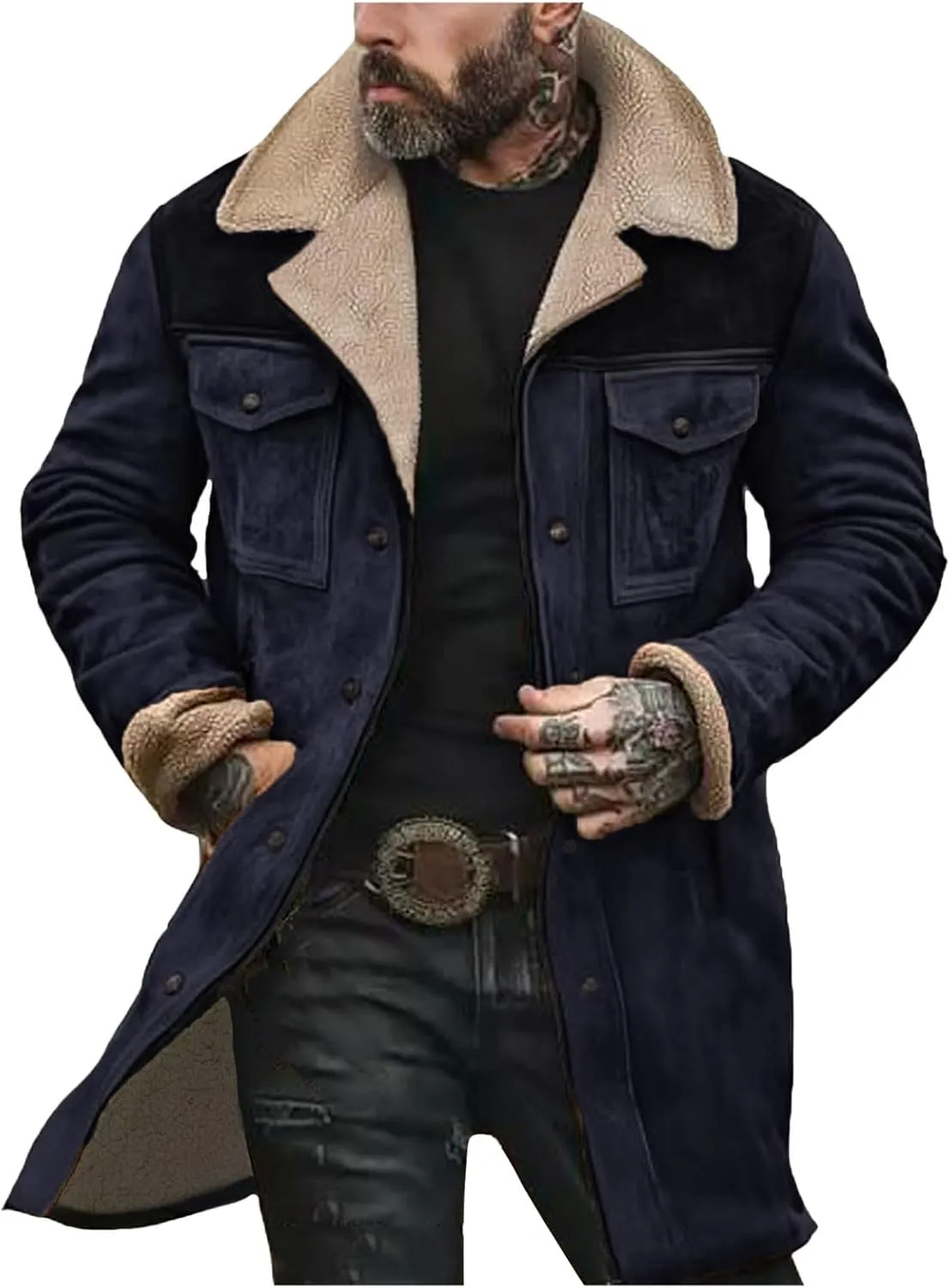 Suede Jacket Men, Men's Vintage Suede Jacket Plush Collar Coats Faux Leather Jacket Men Zip Up Motorcycle Jacket Coat