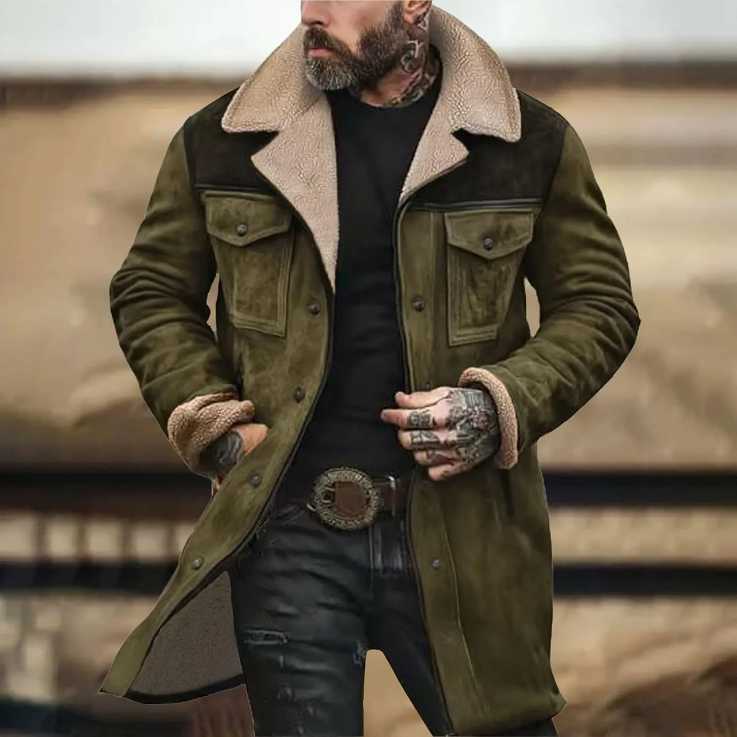 Suede Jacket Men, Men's Vintage Suede Jacket Plush Collar Coats Faux Leather Jacket Men Zip Up Motorcycle Jacket Coat