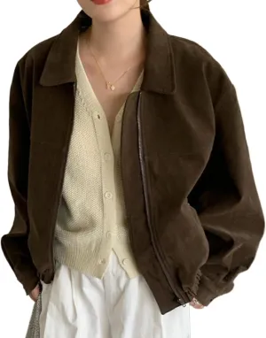 Suede Jacket Y2k Outerwear Women Faux Leather Cropped Brown Fall Jackets Fashion 2024 Trendy Bomber Jacket