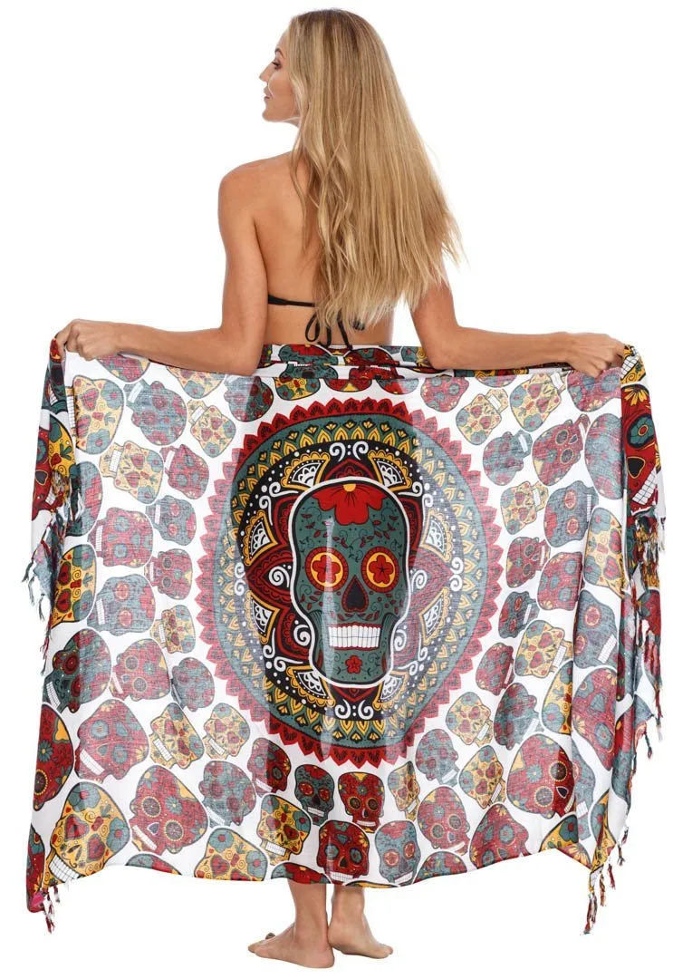 Sugar Skull Long Sarong with Fringe