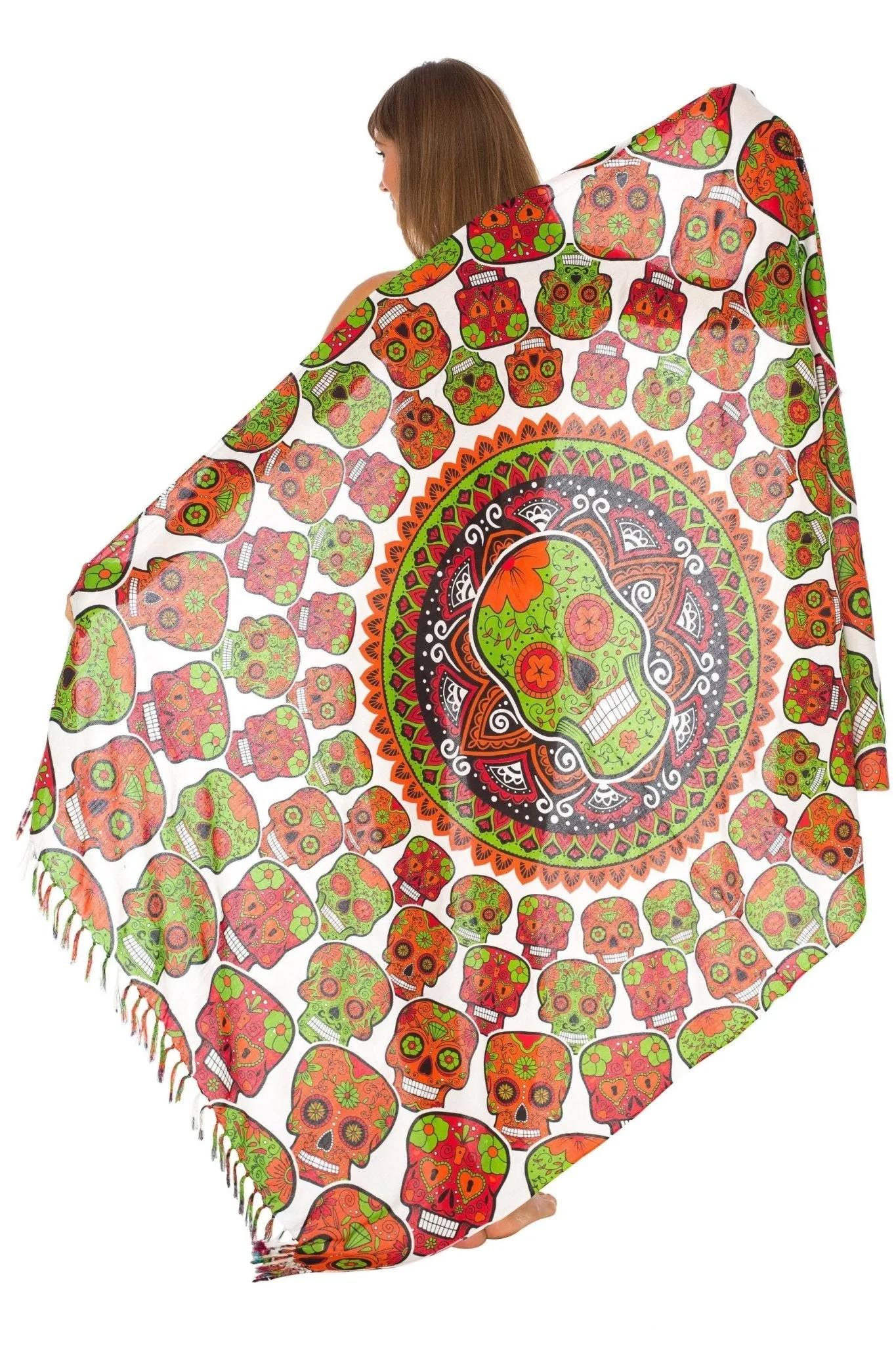 Sugar Skull Long Sarong with Fringe