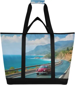 Summer Car Tote Bag for Women with Zipper Reusable Grocery Bags Foldable Insulated Cooler Bag Shopping Bags Totes Handbags for Groceries Picnic Travel Work Beach
