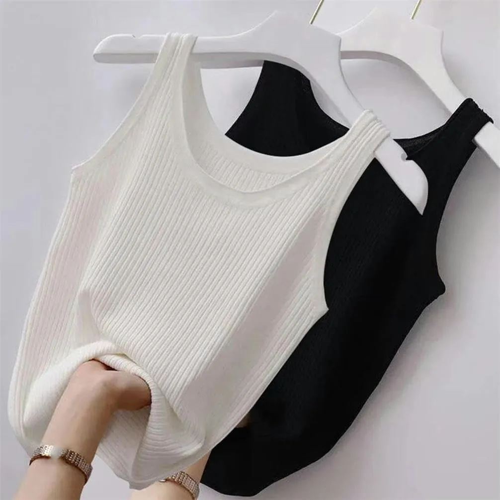 Summer Knitted Vest top Sleeveless O-Neck Women's Camisole Solid Color T-Shirt Casual Sports Style Versatile