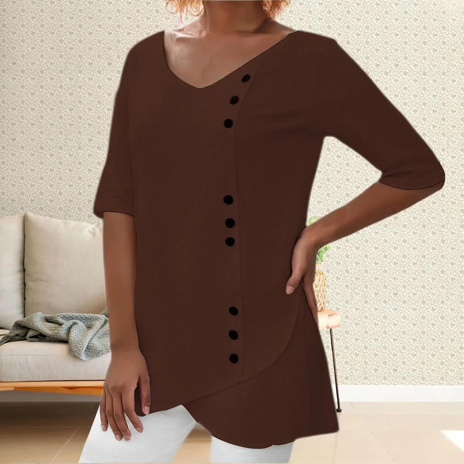 Summer Linen Shirt for Women V Neck Short Sleeve Irregular Hem Top Casual Loose Linen Blouse Tops