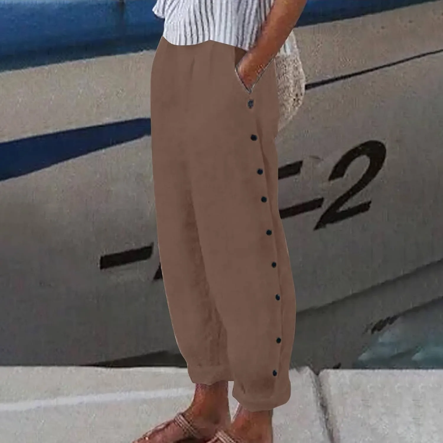 Summer Linen Straight Pants for Womens Striped Waisted Elastic Side Button Pant Casual Loose Trousers with Pocket