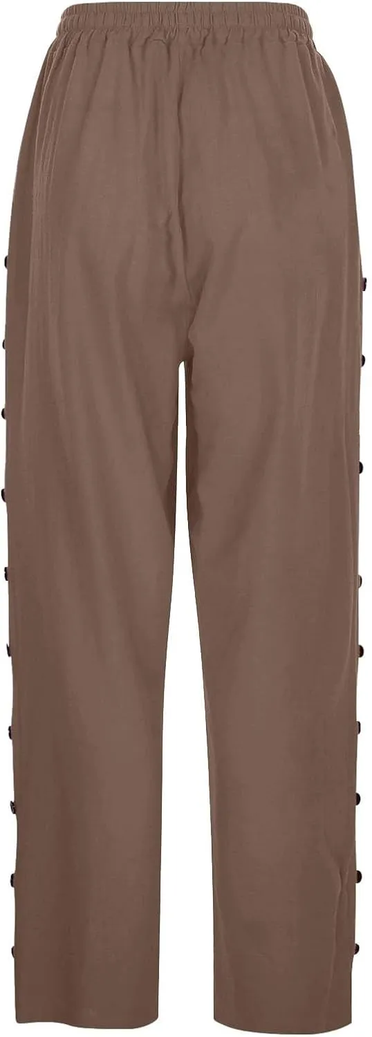 Summer Linen Straight Pants for Womens Striped Waisted Elastic Side Button Pant Casual Loose Trousers with Pocket